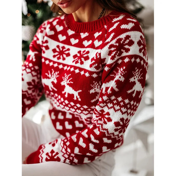 Christmas Winter Women Snowflake Print Knitted Sweater Pullover