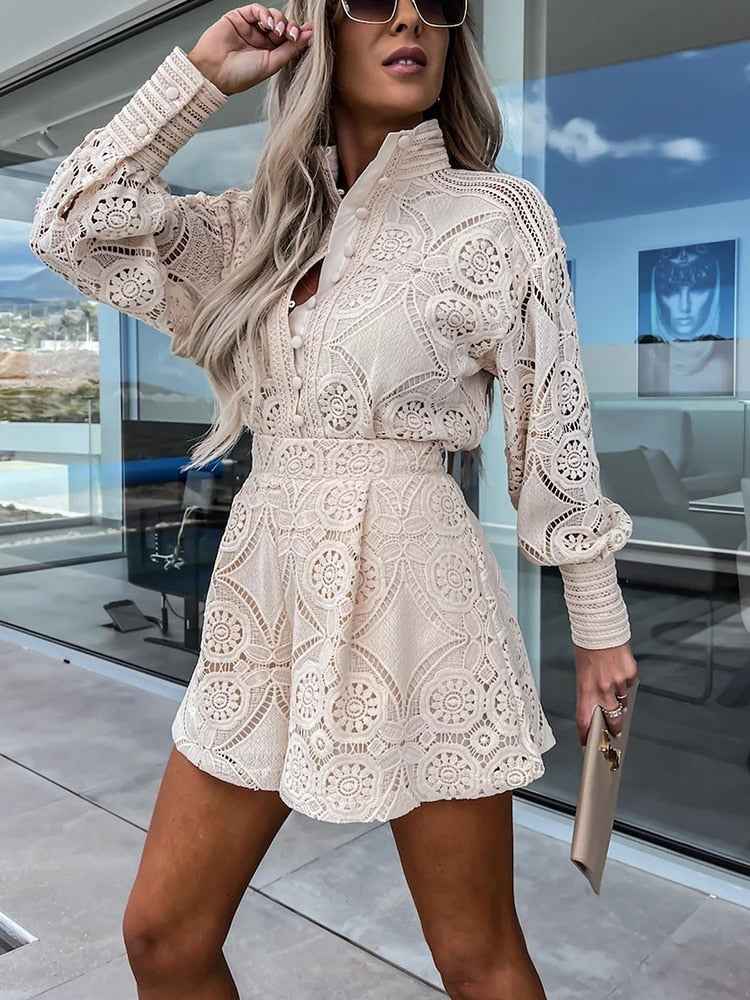 Women's Elegant Lace Blouse with Long Sleeves & High Waist Shorts Set Beige