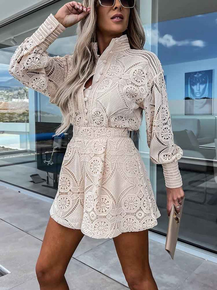 Women's Elegant Lace Blouse with Long Sleeves & High Waist Shorts Set Beige