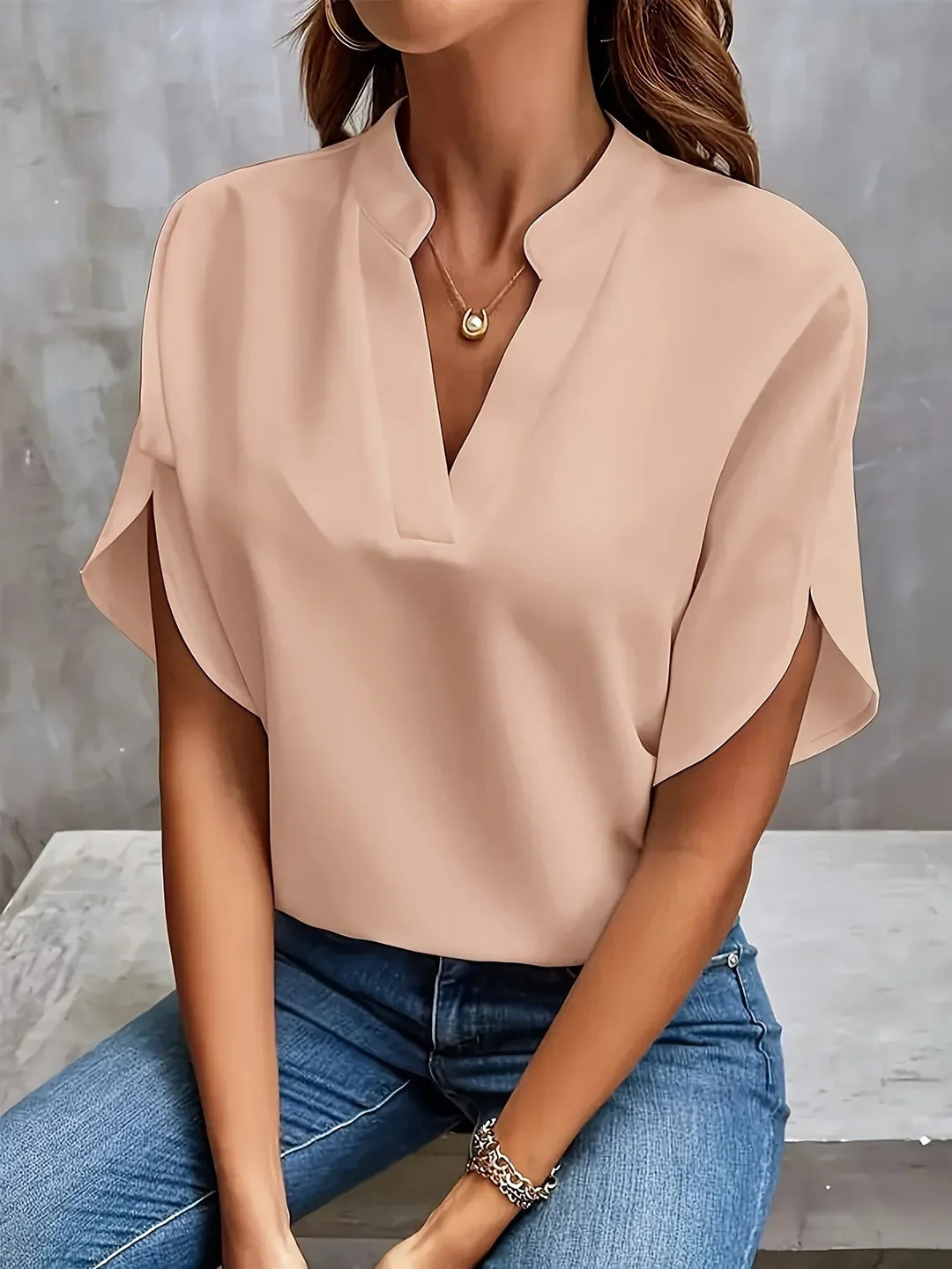 Women's Casual V-Neck Short Sleeve Blouse Pink