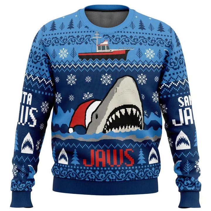 Grim julesweatshirt med rund hals til mænd - design med julemand og haj, store størrelser