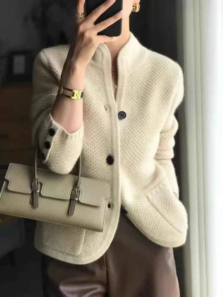 Women's Half-Neck Cardigan - Elara Style Beige