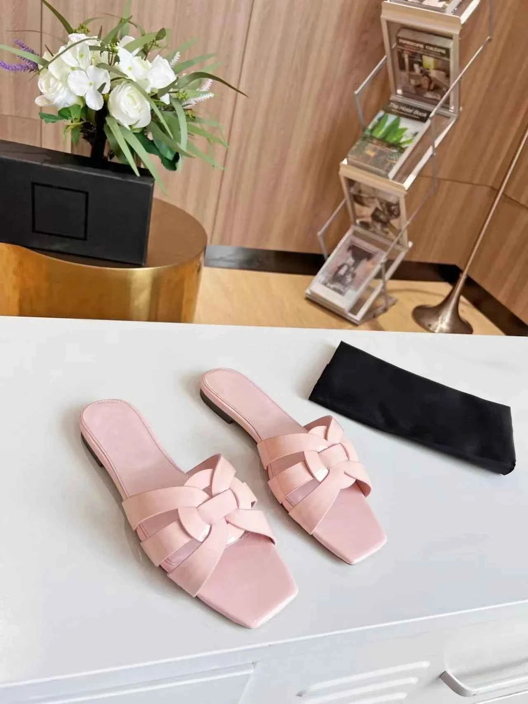 Genuine Leather Square Toe Summer Slides Light pink