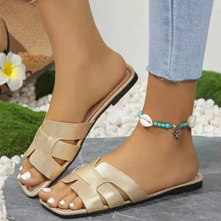 Women's Designer Open Toe Flat Slides – Summer Casual Sandals Gold