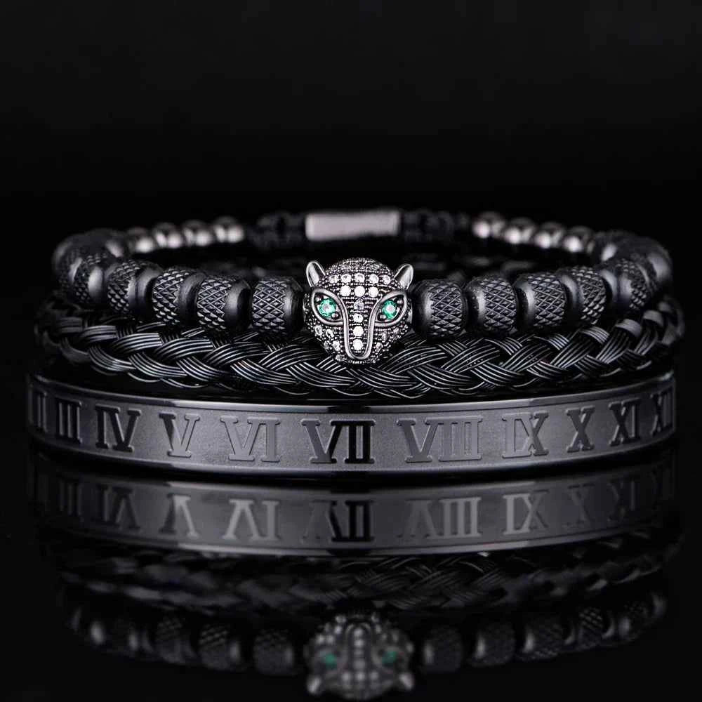 Three-Piece Panther Head Charm Braided Bracelet Set Black Silver
