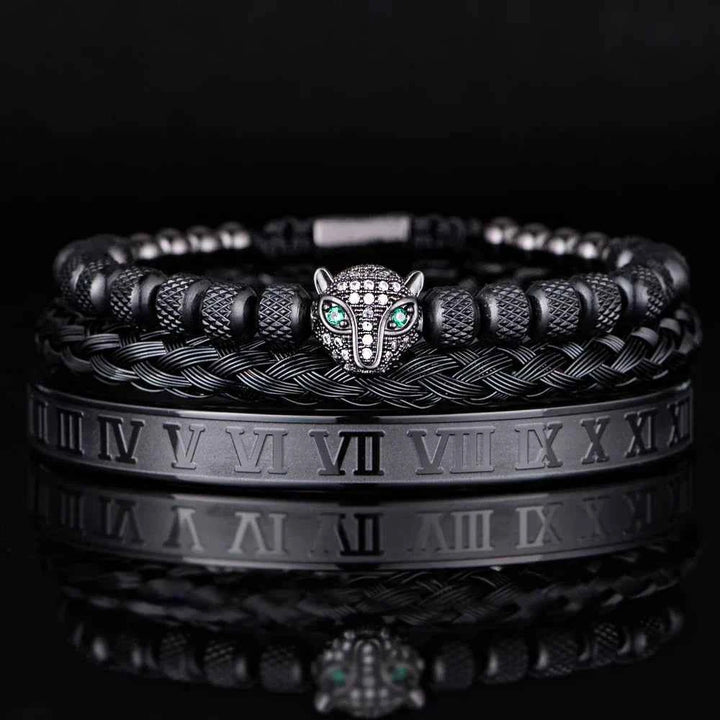 Three-Piece Panther Head Charm Braided Bracelet Set Black Silver