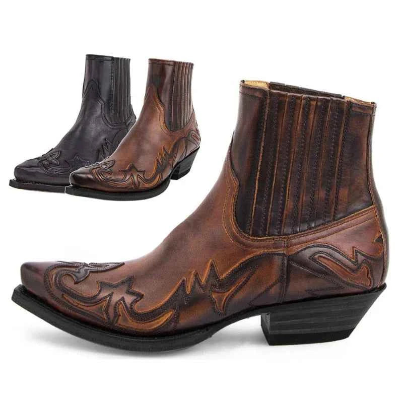 Cizme bărbătești vintage de cowboy până la gleznă | Stilate, slip-on cu toc jos