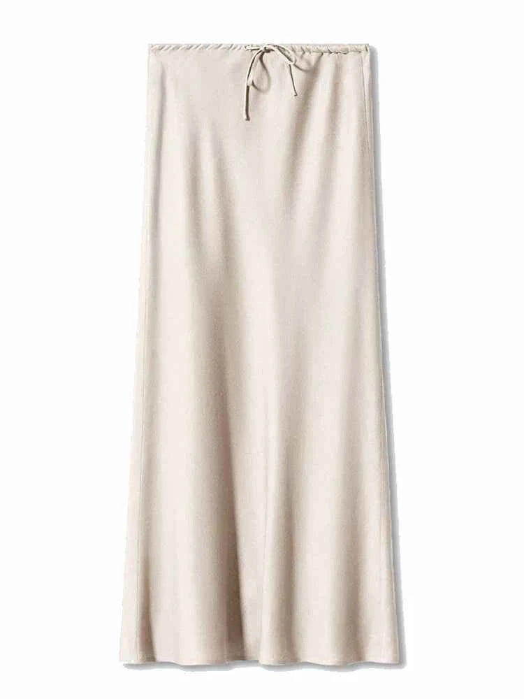 Women's Elegant Satin Look Maxi Skirt - Adjustable Waist & Flowy Fit