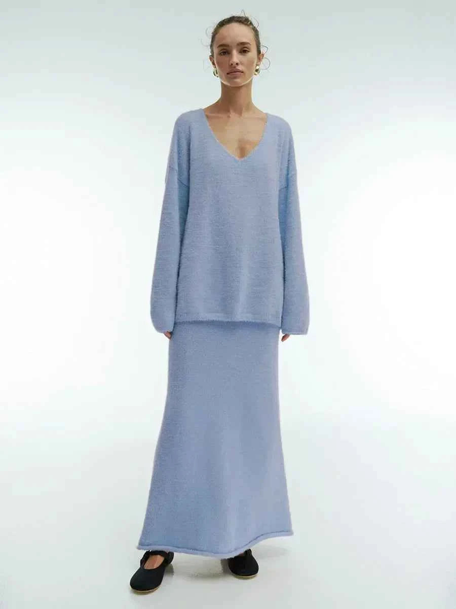Women's Oversized Knitted Sweater and Maxi Skirt Set – Comfortable Casual Lounge Wear