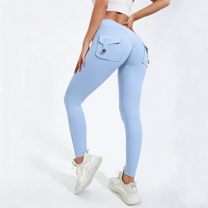 Women's Breathable Yoga Pants with Butt Pocket, Nylon Sports Leggings Light Blue