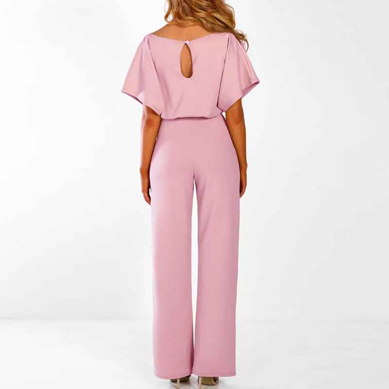 Women's Comfort Fit Jumpsuit – Short Sleeves, Wide Legs, Waist Belt