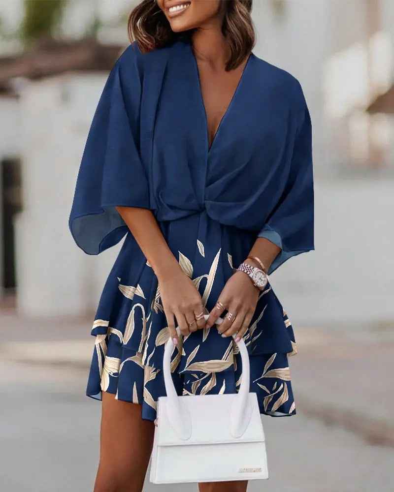 Women's V-Neck Mini Dress – Wrap Style with Ruffles – Lightweight and Elegant Blue