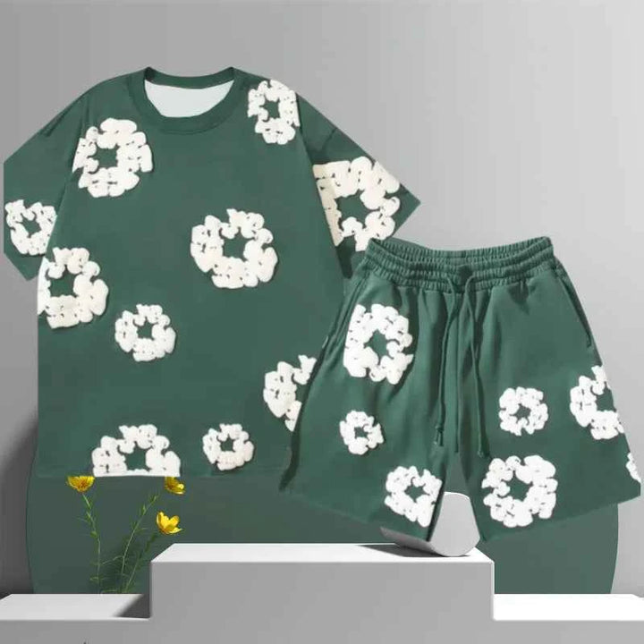 Liam | Men’s 3D Printed Flower Shorts Set – Cotton Streetwear Summer Outfit Green