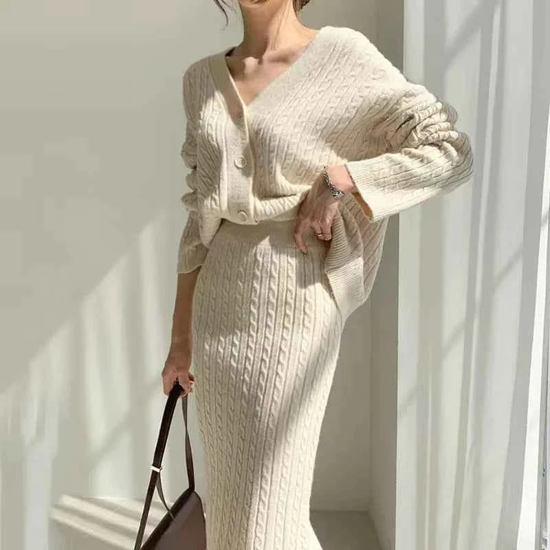 Women's Cable Knit Cardigan and Midi Skirt Set – V-Neck – Comfortable Fit