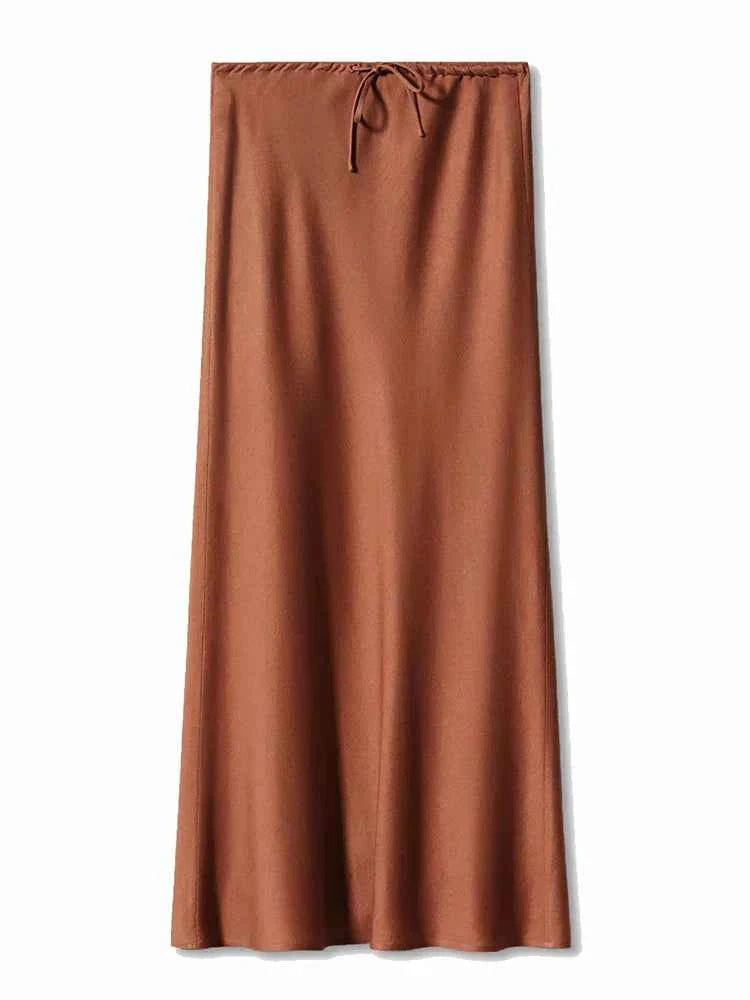 Women's Elegant Satin Look Maxi Skirt - Adjustable Waist & Flowy Fit Brown