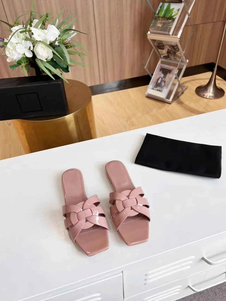 Genuine Leather Square Toe Summer Slides Pink
