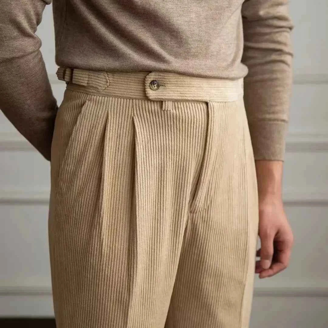 Men's High-Waist Pleated Trousers - Naples Style Beige