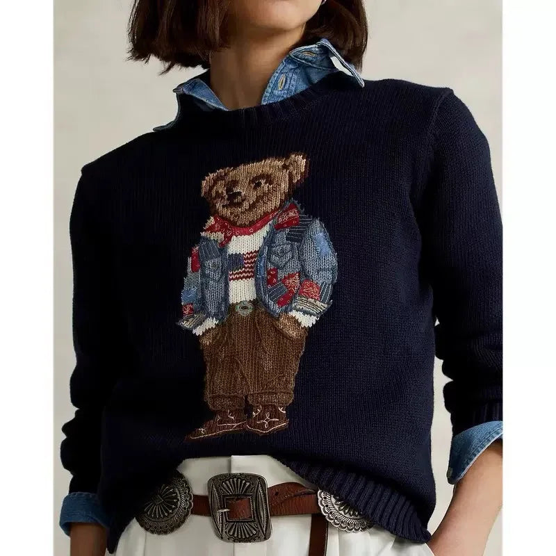 Women's Embroidered Loose Knitted Cotton Christmas Sweater with Cartoon Bear Cotton