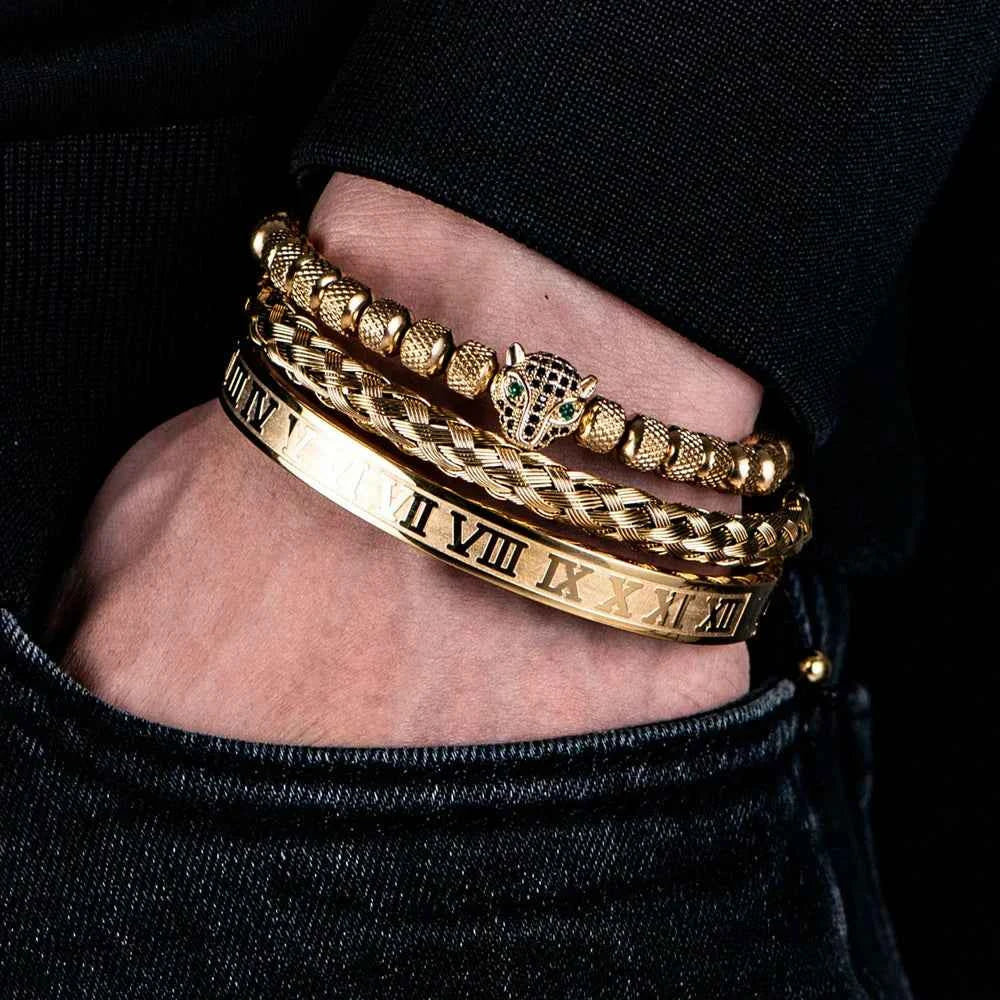 Three-Piece Panther Head Charm Braided Bracelet Set