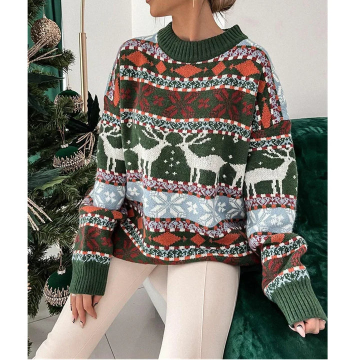 Women's Winter Christmas Sweater - Jacquard Knitted Deer Print Pullover