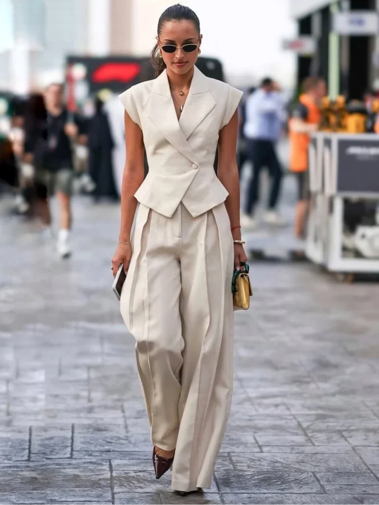 Women's Sleeveless V-Neck Top and High Waist Wide Leg Suit Set – Luxury Fabric Off-white