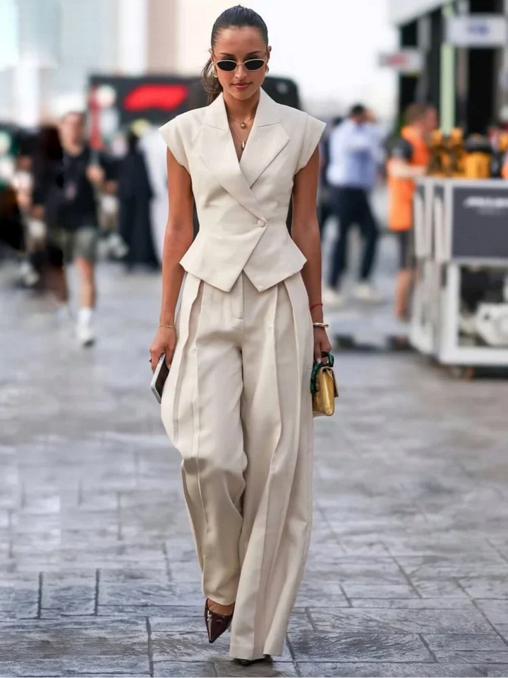 Women's Sleeveless V-Neck Top and High Waist Wide Leg Suit Set – Luxury Fabric Off-white