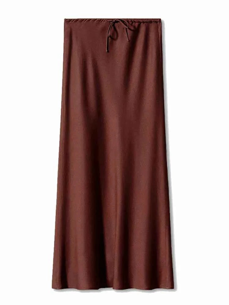 Women's Elegant Satin Look Maxi Skirt - Adjustable Waist & Flowy Fit Chocolate