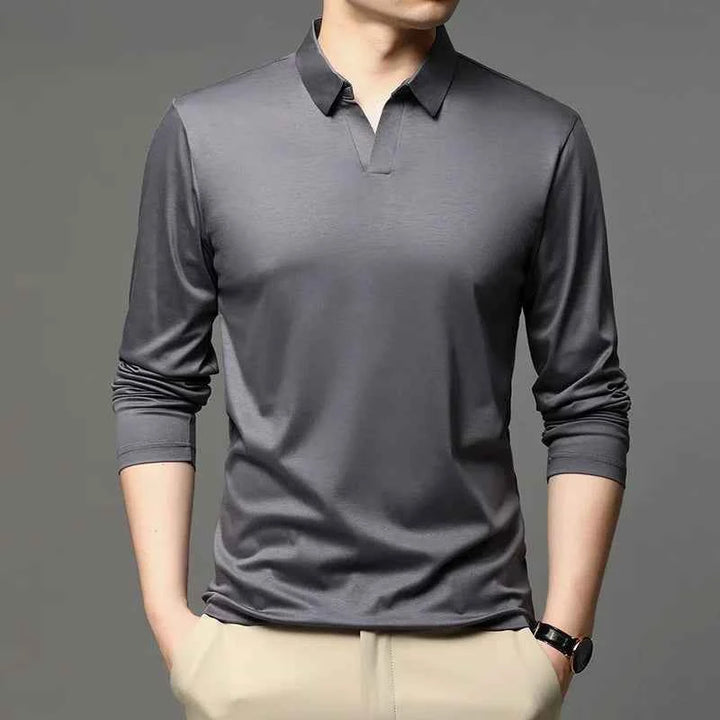 Men's Slim Fit Long Sleeve Polo Shirt with Classic Collar – Comfort Stretch Grey