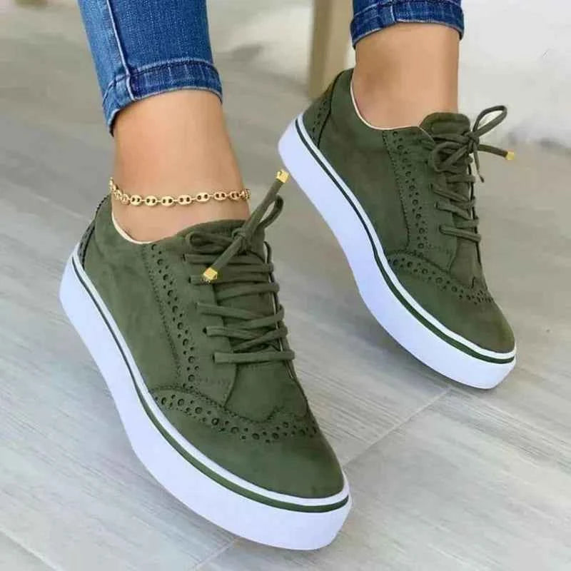 Women's Casual Lace-Up Sneakers with Round Toe Cap - Flat Style Green