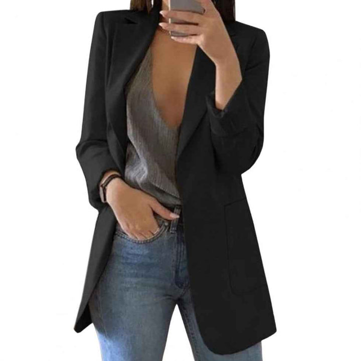 Women's Tailored Blazer – Hip Length – Open Front – Large Pockets Black