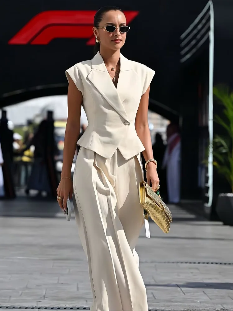 Women's Sleeveless V-Neck Top and High Waist Wide Leg Suit Set – Luxury Fabric