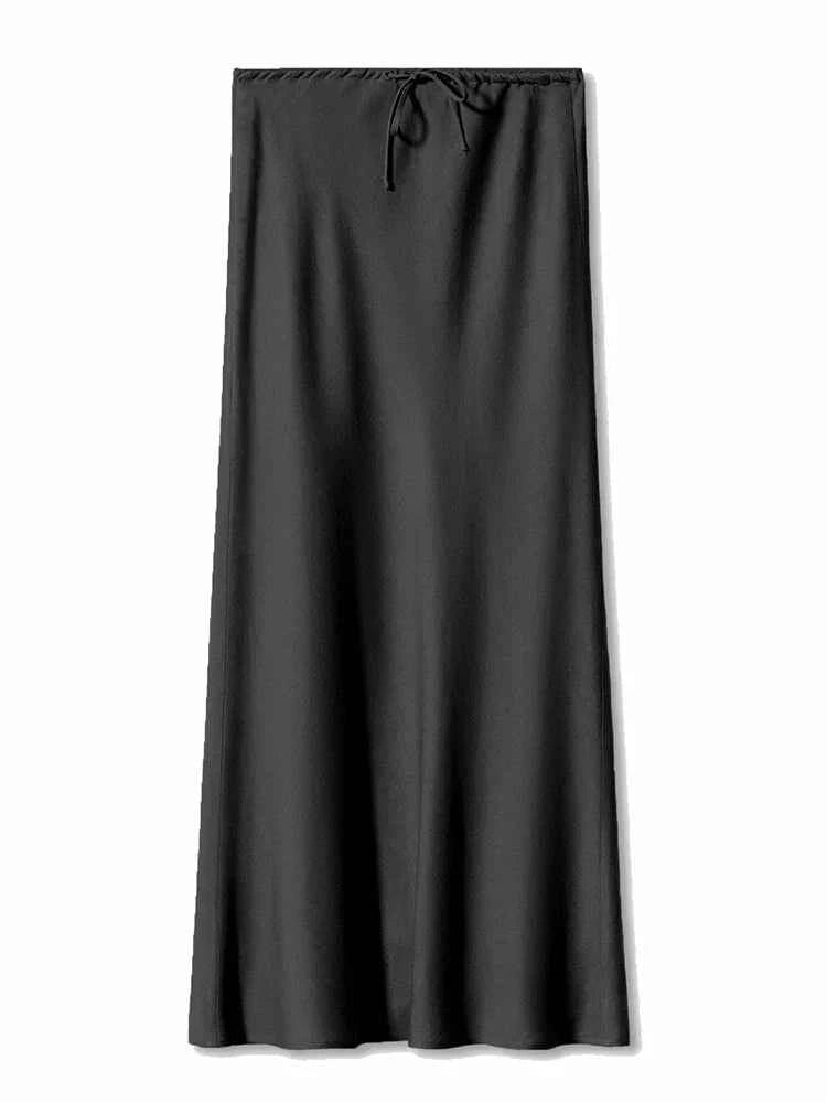 Women's Elegant Satin Look Maxi Skirt - Adjustable Waist & Flowy Fit Black