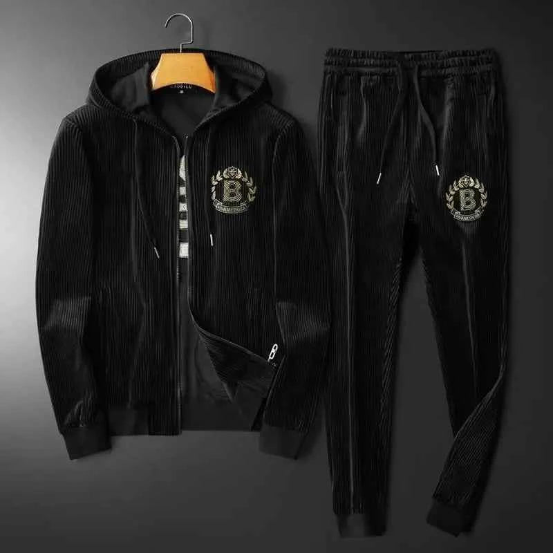 Men’s Gold Velvet Tracksuit – Hooded Zip Jacket & Joggers Black suit