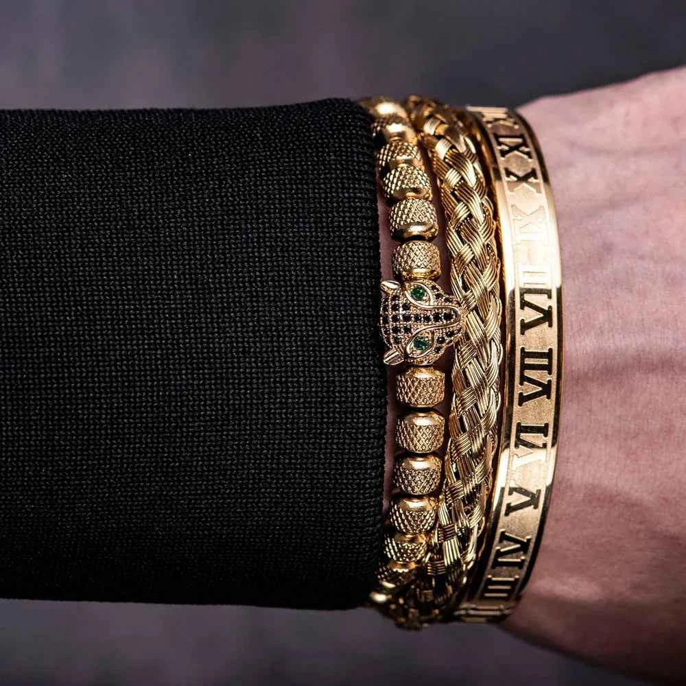 Three-Piece Panther Head Charm Braided Bracelet Set