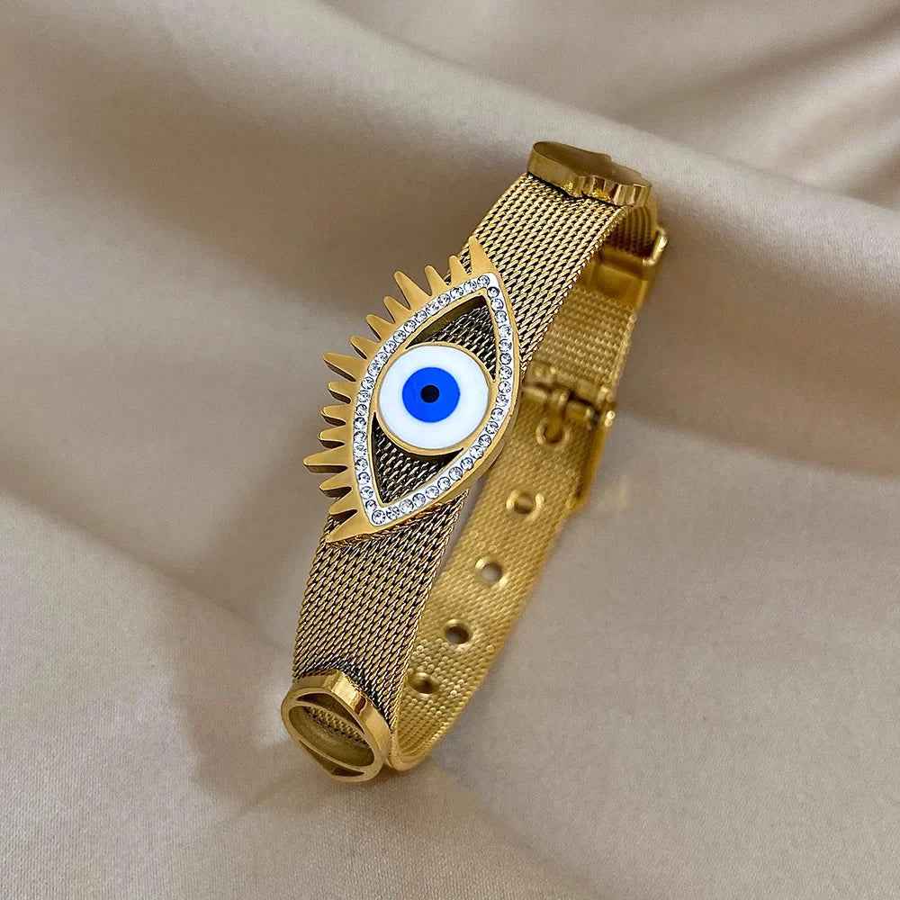 Mesh Band Evil Eye Charm Bracelet with Rhinestone Accents