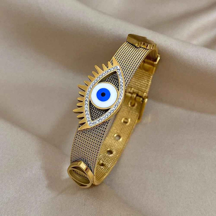 Mesh Band Evil Eye Charm Bracelet with Rhinestone Accents