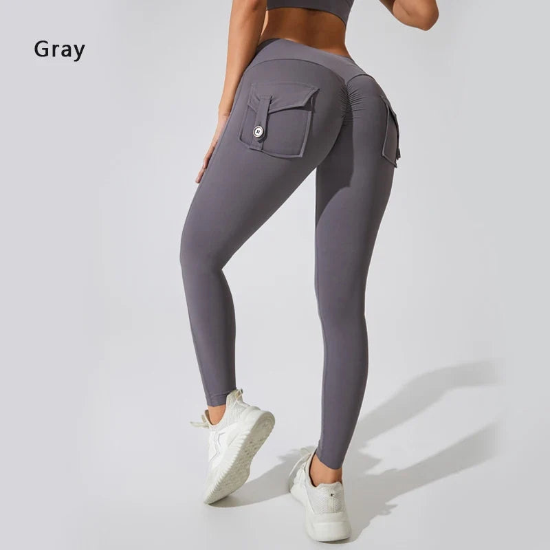 Women's Breathable Yoga Pants with Butt Pocket, Nylon Sports Leggings Gray