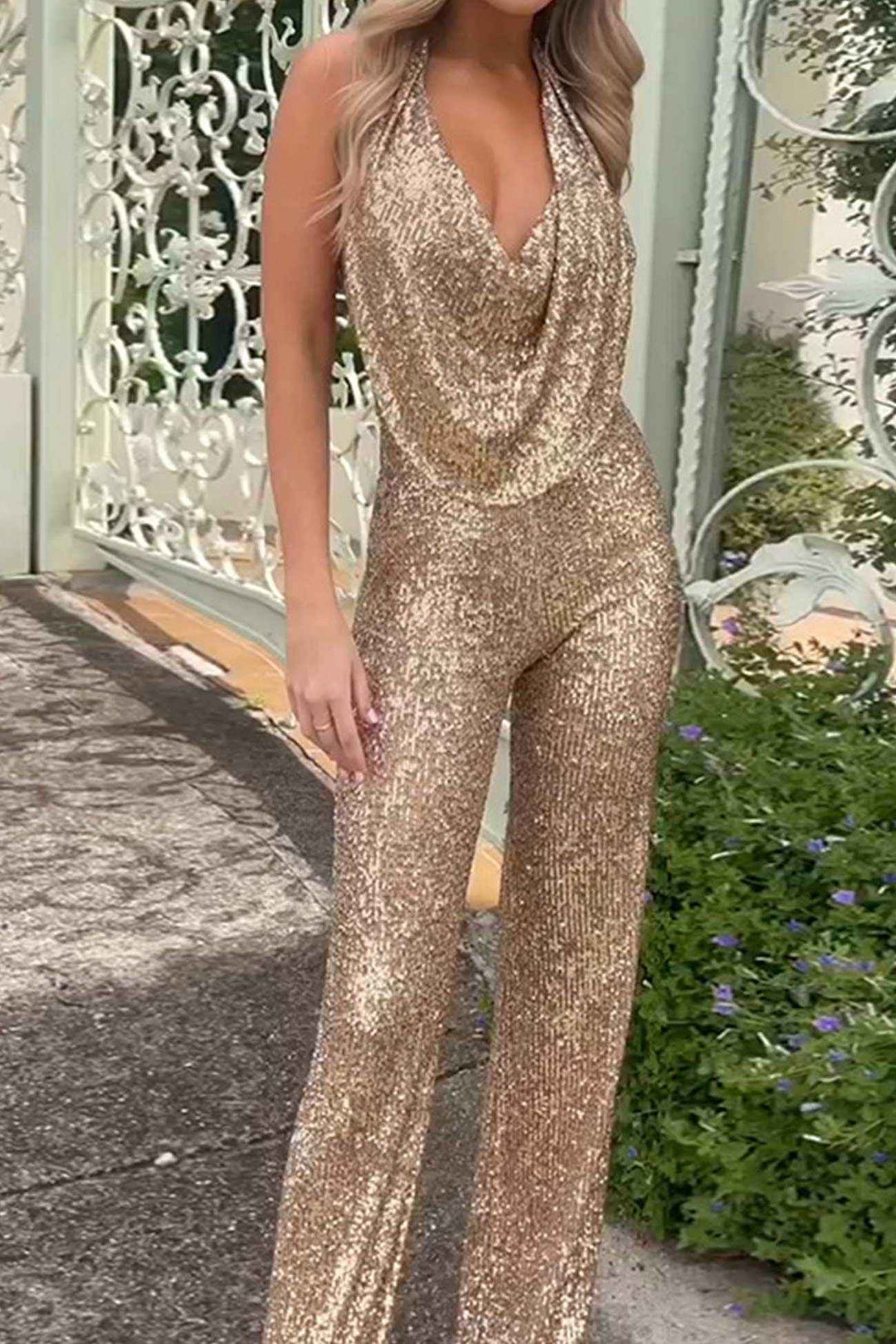 Women's Elegant Halter Neck Sequin Jumpsuit