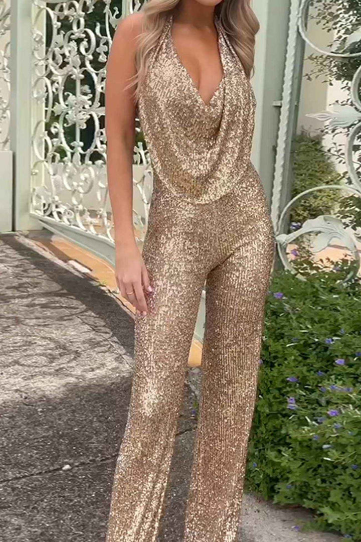 Women's Elegant Halter Neck Sequin Jumpsuit