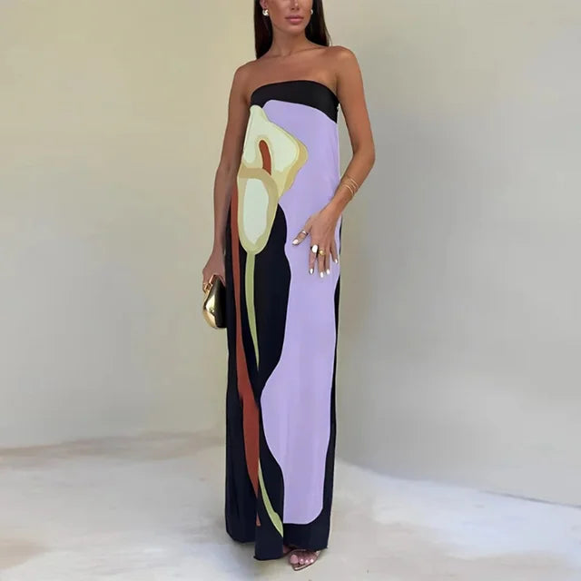 Star | Women's Luxe Strapless Maxi Dress with Print Purple