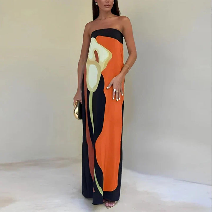 Star | Women's Luxe Strapless Maxi Dress with Print Orange