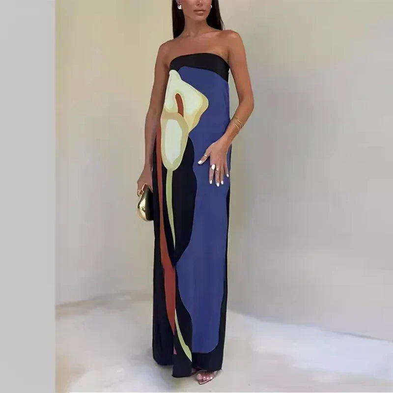 Star | Women's Luxe Strapless Maxi Dress with Print Blue