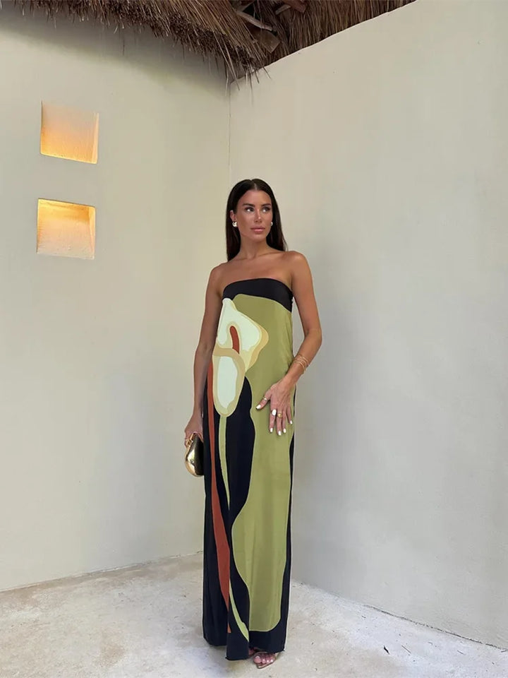 Star | Women's Luxe Strapless Maxi Dress with Print Green