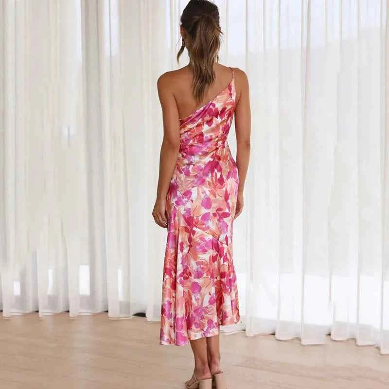 Women's One-Shoulder Midi Dress – Slim Fit – Draped Floral Design – Luxurious Fabric