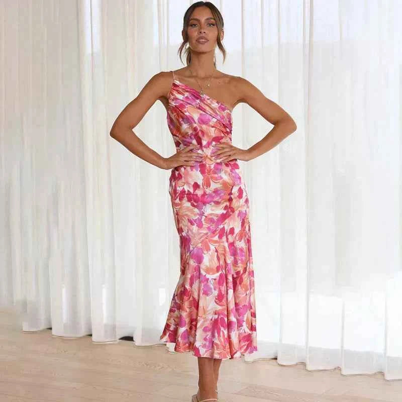 Women's One-Shoulder Midi Dress – Slim Fit – Draped Floral Design – Luxurious Fabric Pink