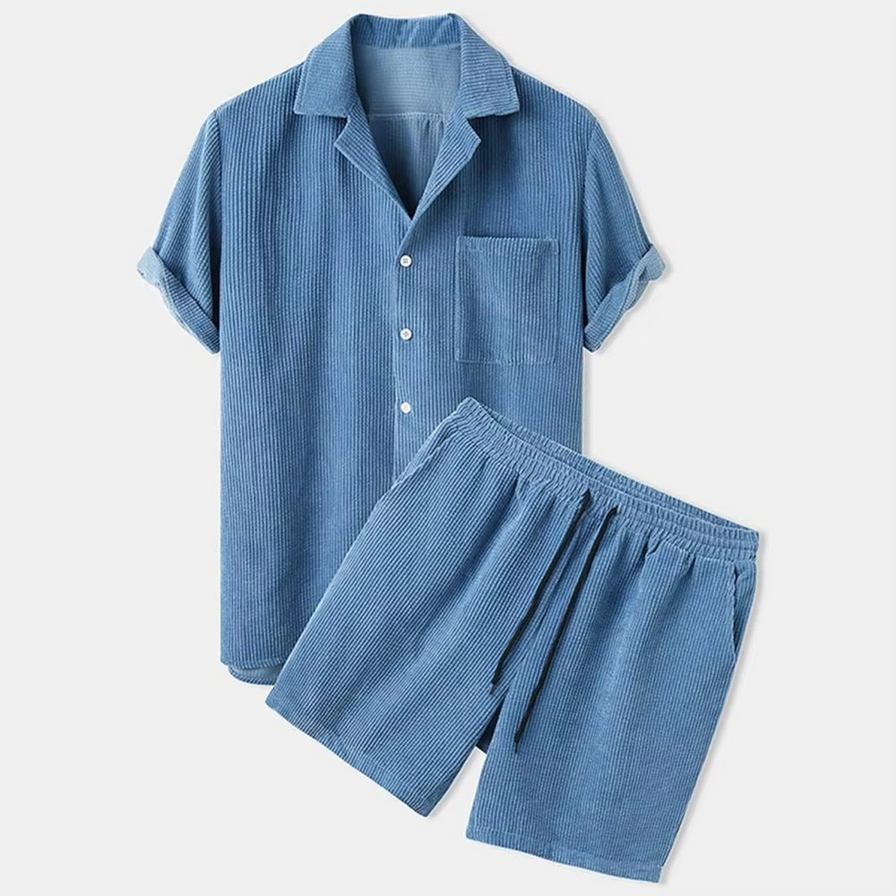 Men's Summer Corduroy 2-Piece Set – Short Sleeve Shirt & Shorts Blue