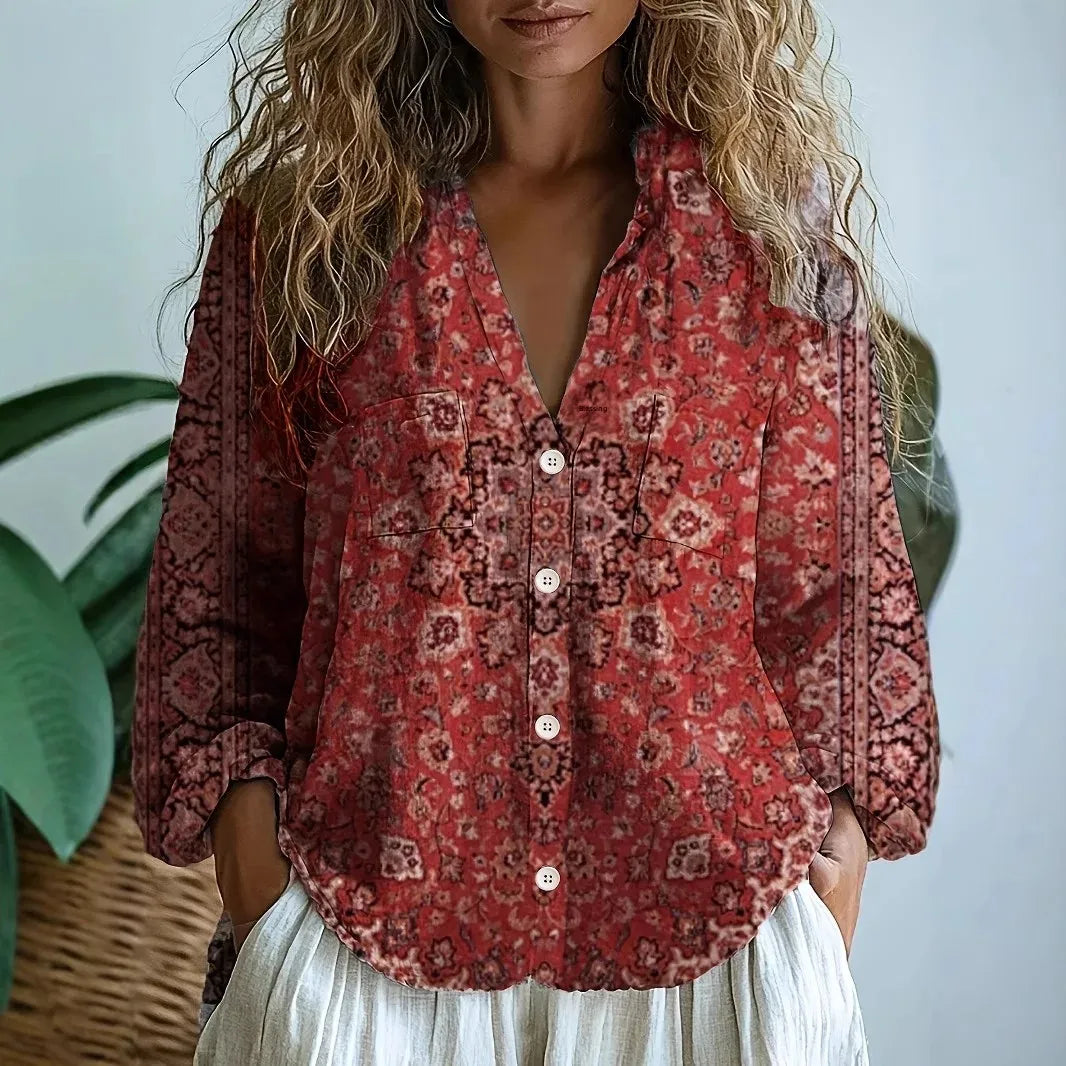 Women's Floral Print V-Neck Blouse in Vintage Style Red