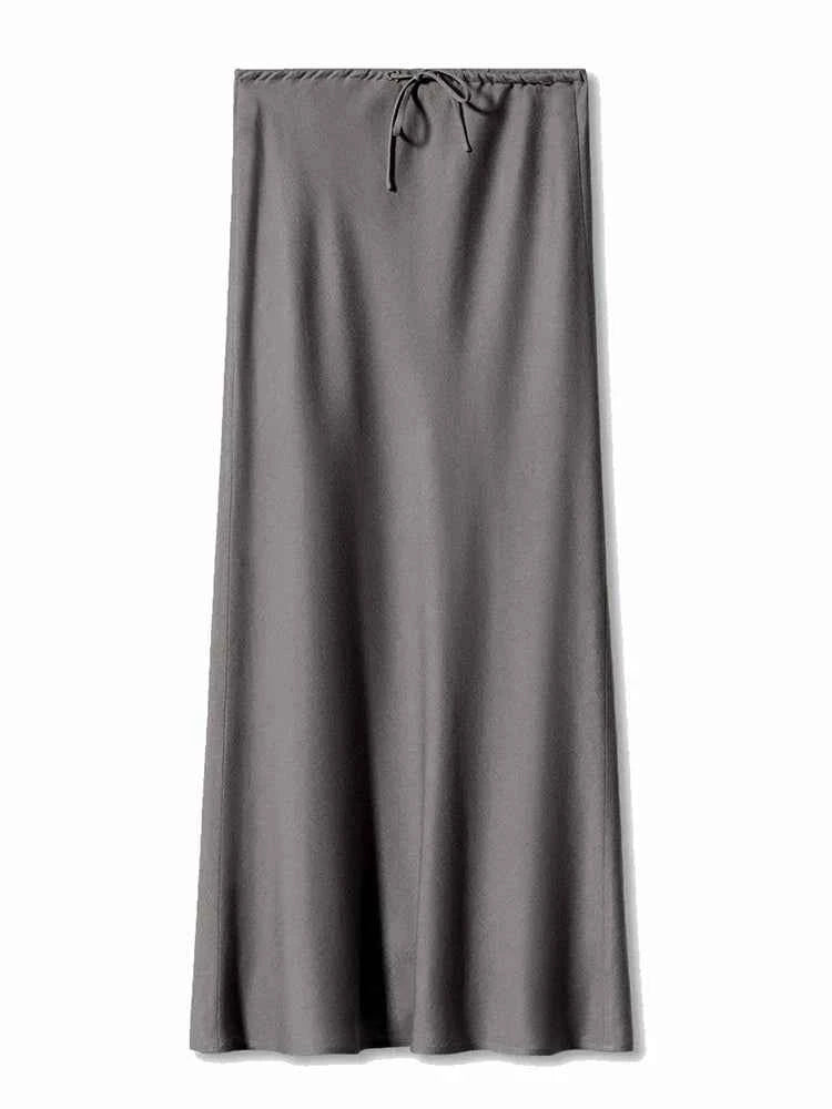 Women's Elegant Satin Look Maxi Skirt - Adjustable Waist & Flowy Fit Grey