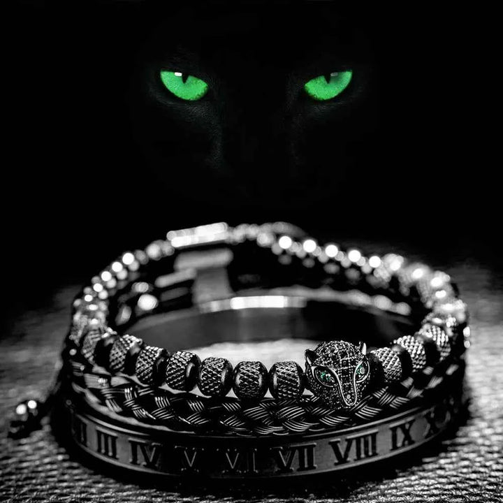 Three-Piece Panther Head Charm Braided Bracelet Set