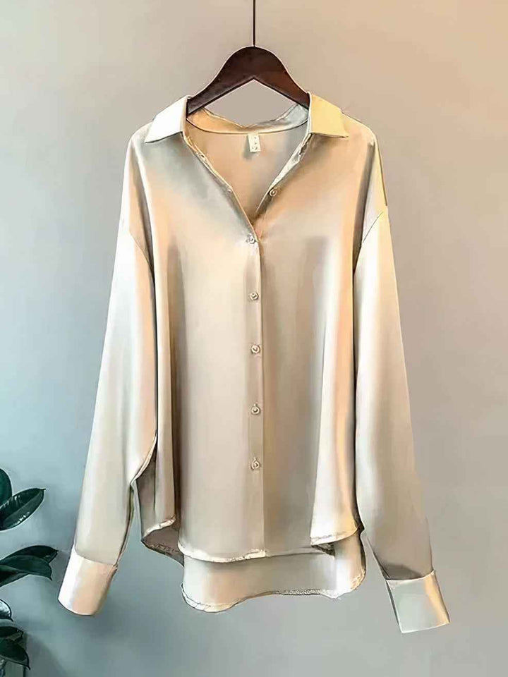 Women's Satin Long Sleeve Blouse with Button Collar Apricot